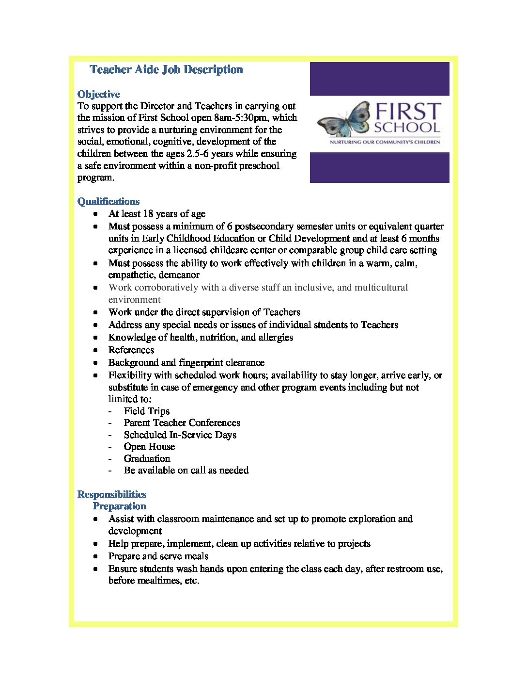 First-School-Teacher-Aid-Job-Description
