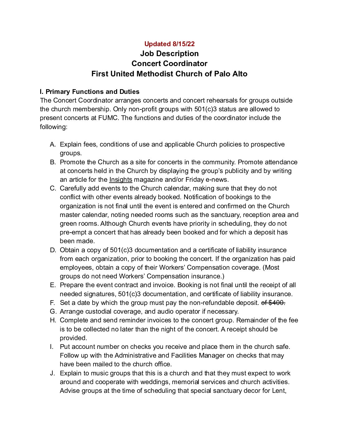 Concert Coordinator Job Description First Palo Alto United Methodist 